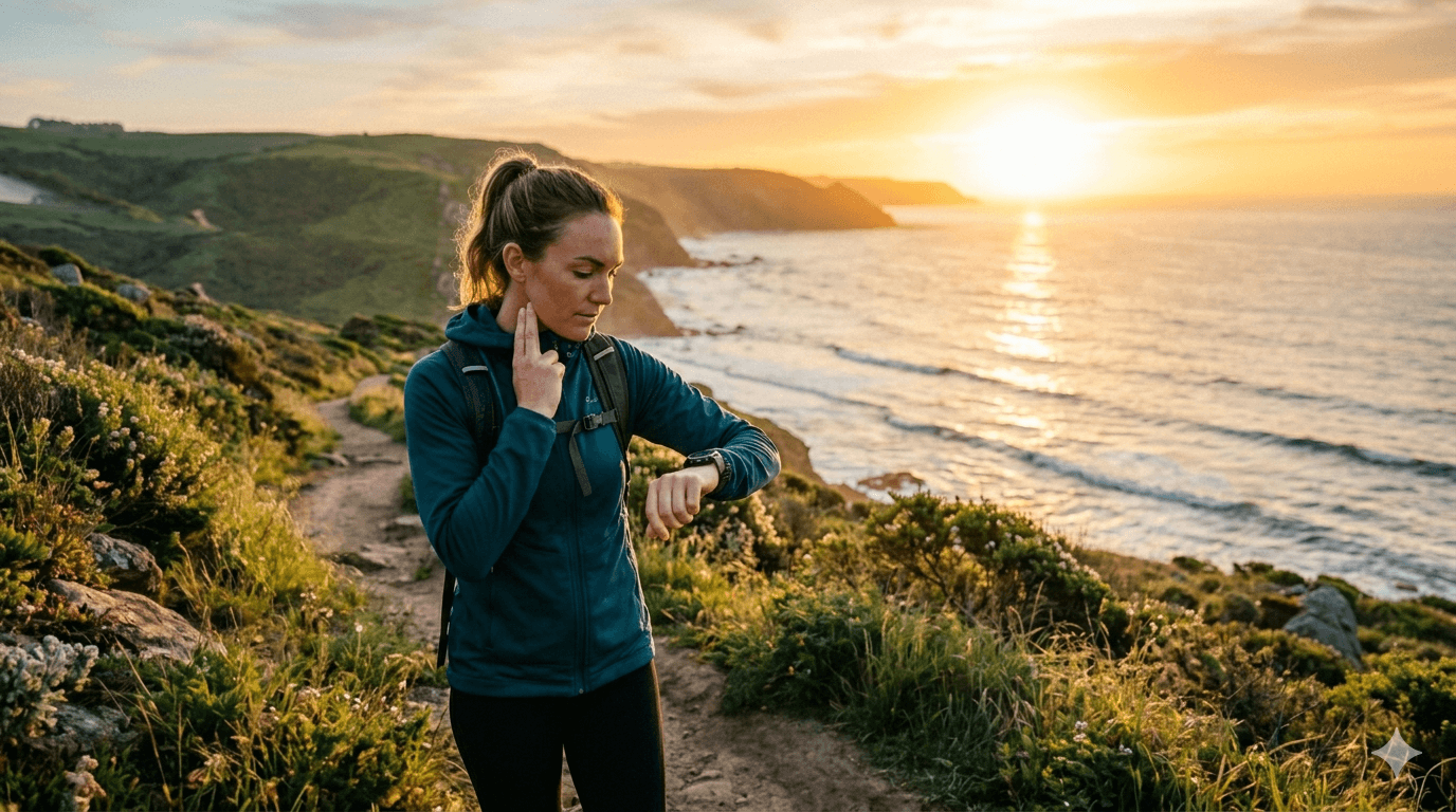 Person monitoring heart rate while walking for cardiovascular health