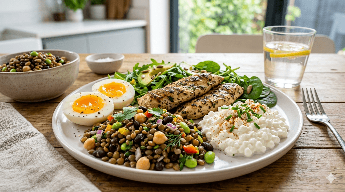 High-protein foods including eggs, chicken and legumes for fat loss