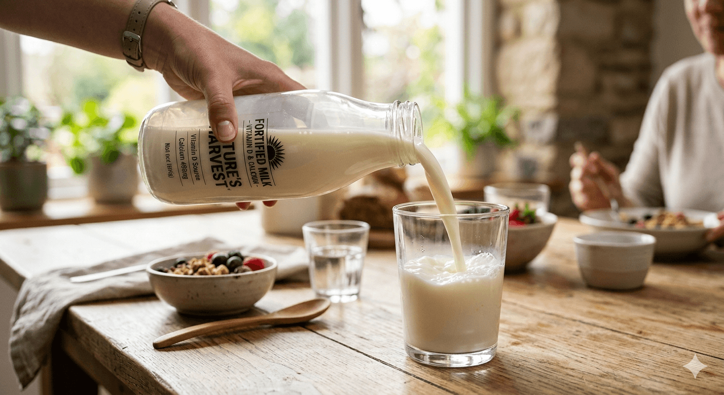 Glass of fortified milk - vitamin D and calcium for bone health