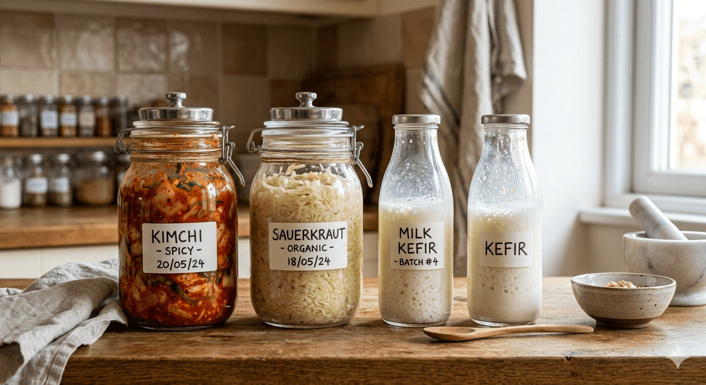 Fermented foods including kimchi, kefir, and sauerkraut for gut health