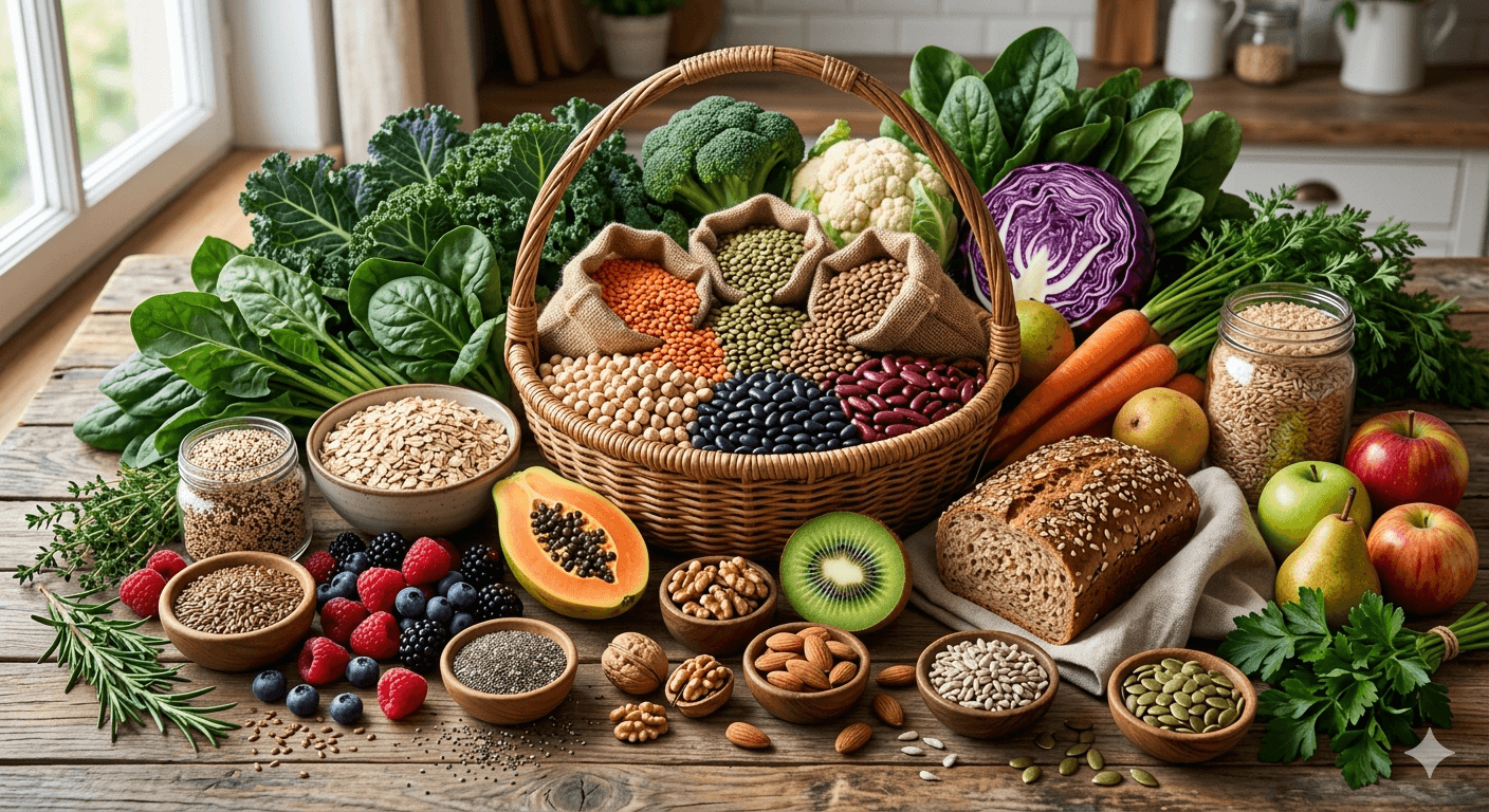 Diverse array of high-fiber plant foods known for cancer prevention