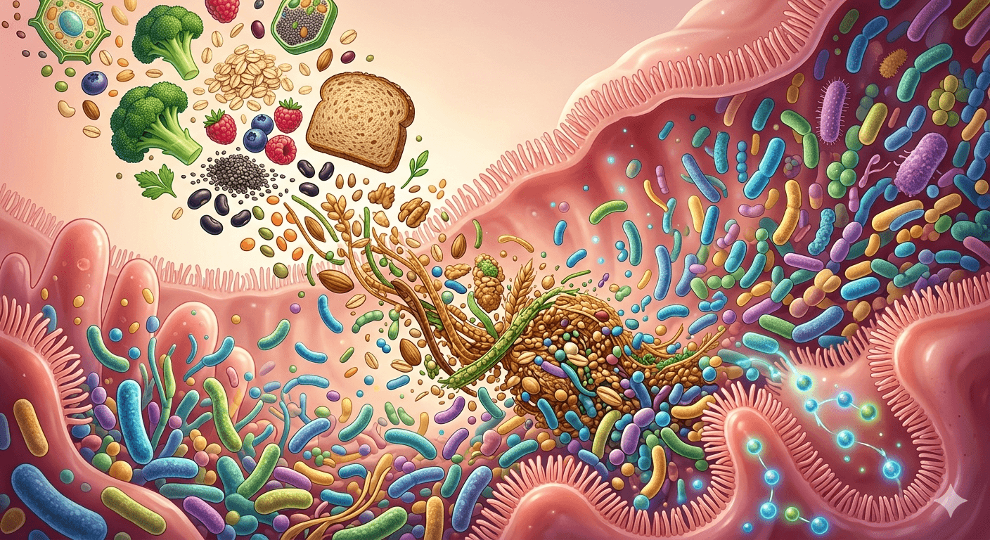 Illustration of a healthy gut microbiome thriving on dietary fiber