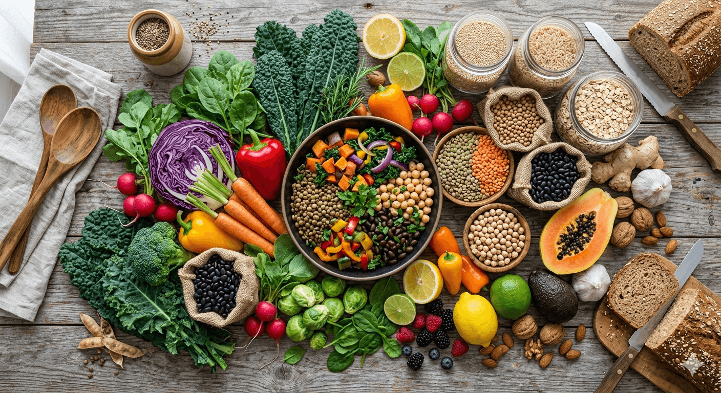 Vibrant vegetables and legumes representing a longevity-promoting diet