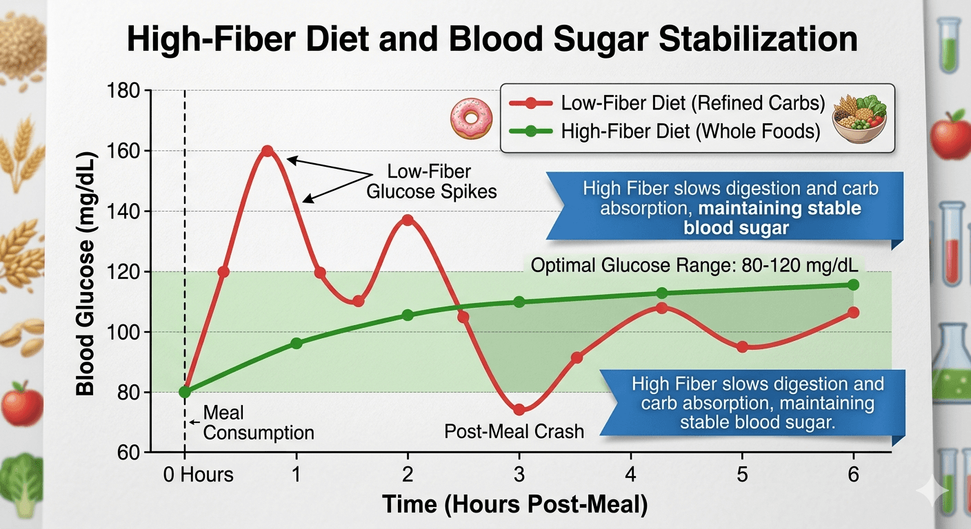 Graph showing blood sugar stabilization with high fiber diet