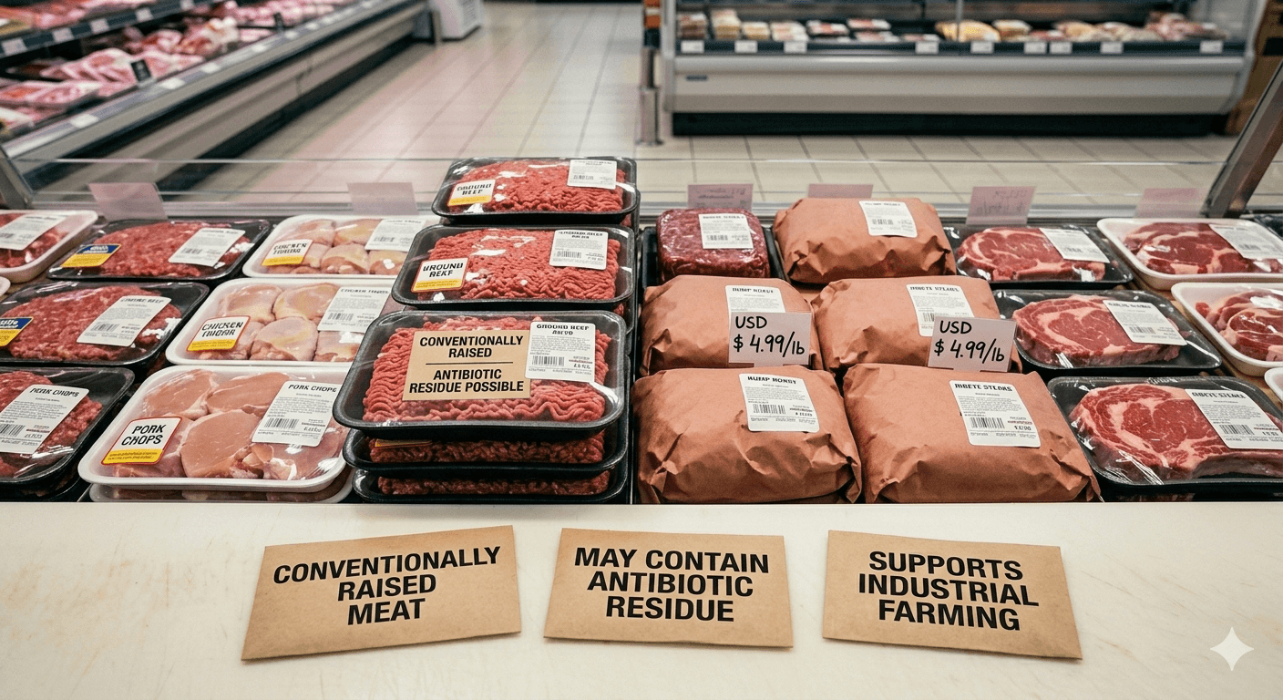 Conventionally raised meat at a supermarket counter