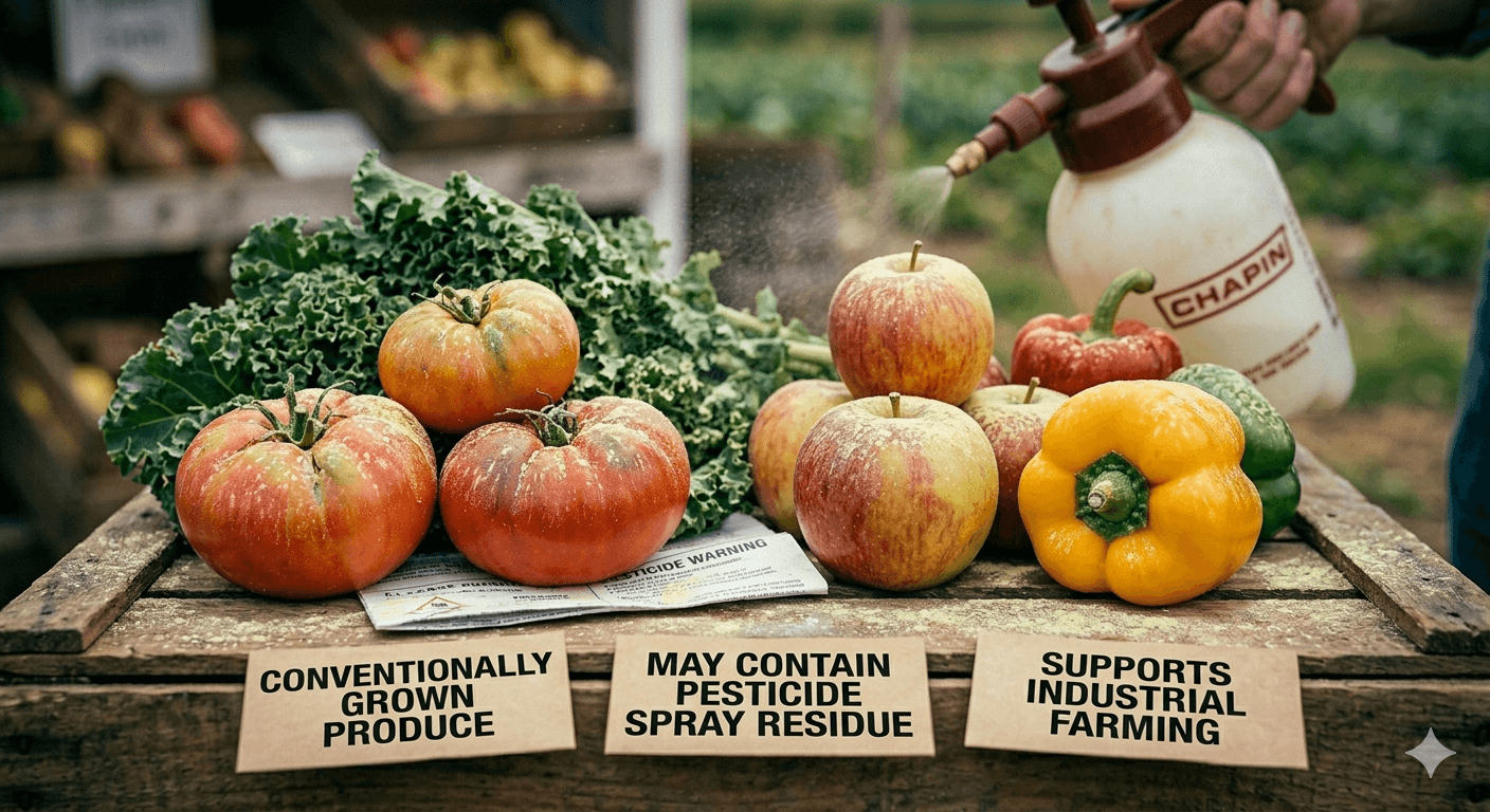 Conventionally grown produce with pesticide spray residue