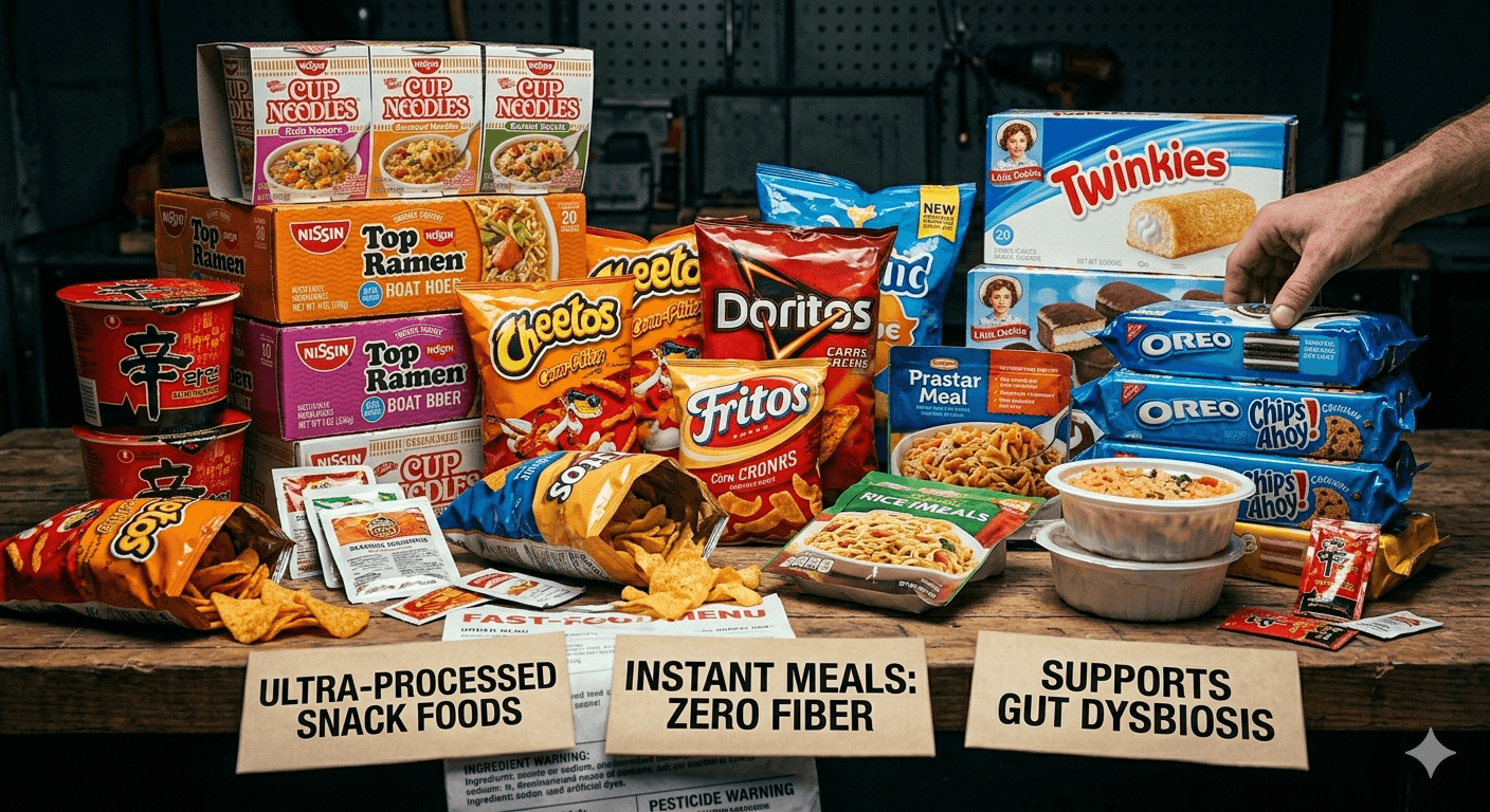 Array of ultra-processed snack foods and instant meals with zero fiber