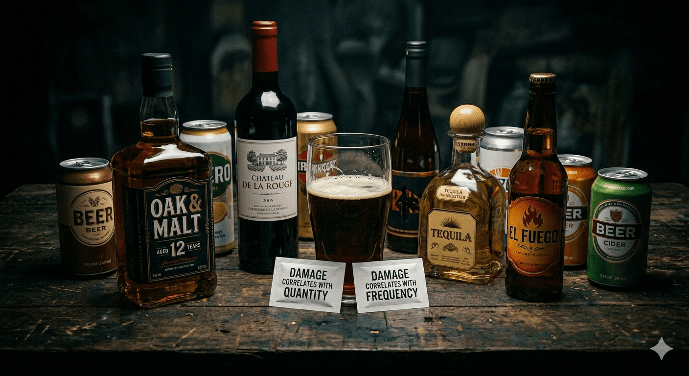 Alcoholic drinks lined up showing gut health impact