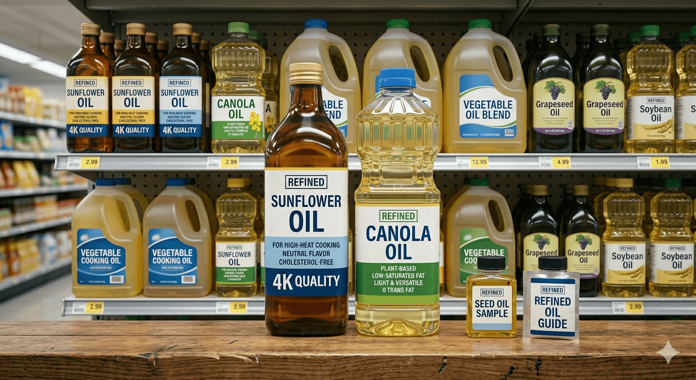 Refined vegetable and seed oil bottles on store shelf