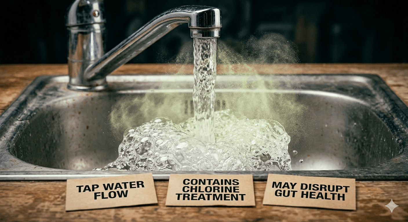Tap water flowing from a faucet with chlorine treatment