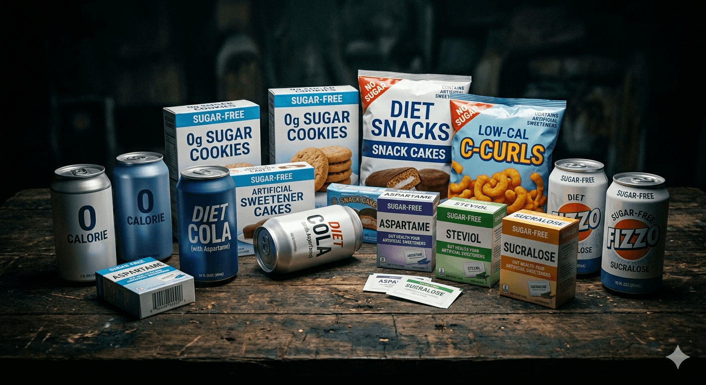 Diet soda cans and sugar-free products containing artificial sweeteners