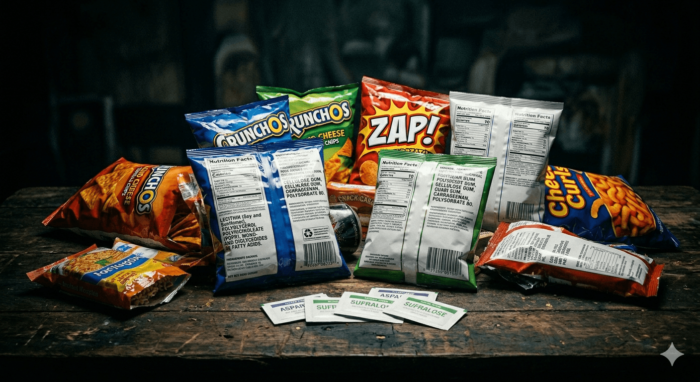 Ultra-processed food packaging with ingredient labels showing emulsifiers