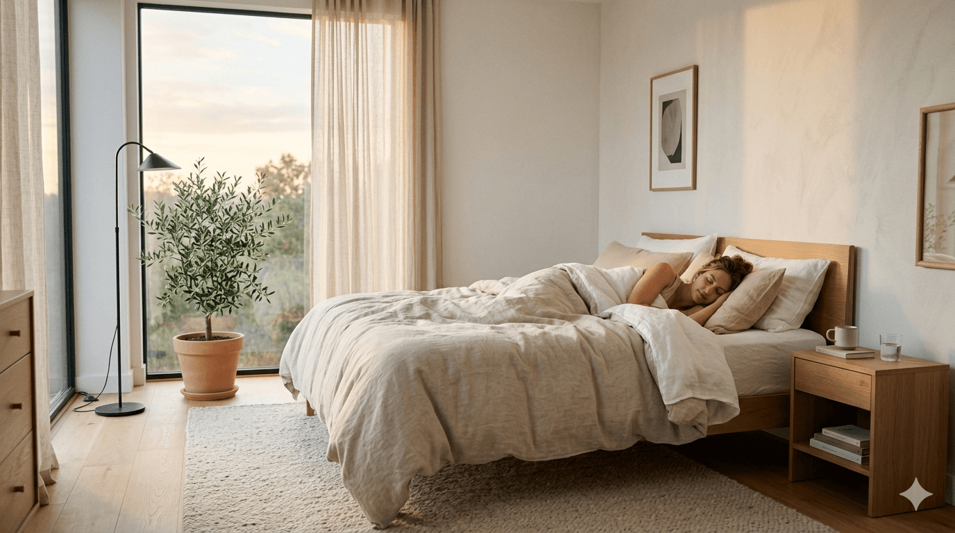Calm minimal bedroom with soft morning light and a person resting peacefully