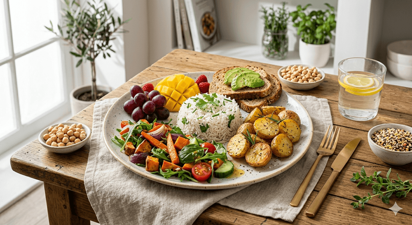 Balanced plate with rice, roasted potatoes, fruit, and wholesome energy-supporting foods