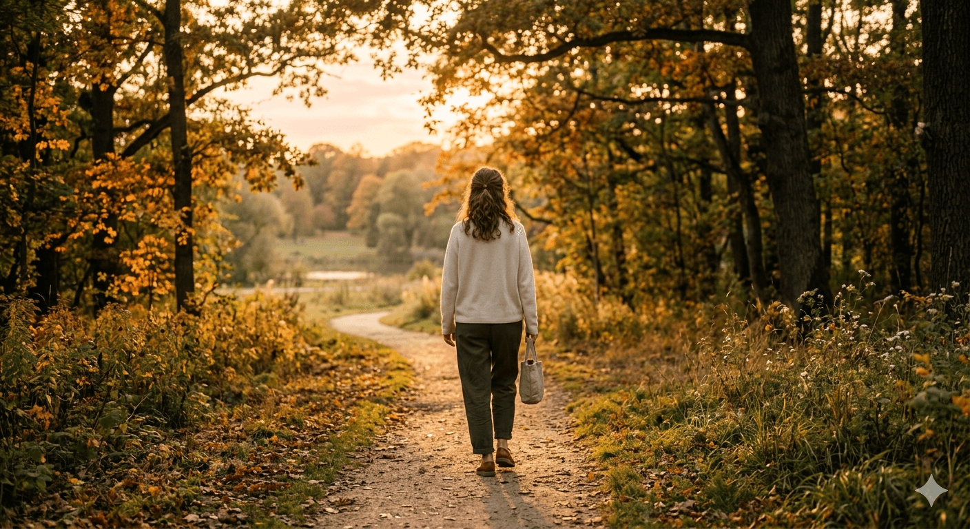 Person taking a quiet outdoor walk in soft evening light to regulate stress and improve wellbeing