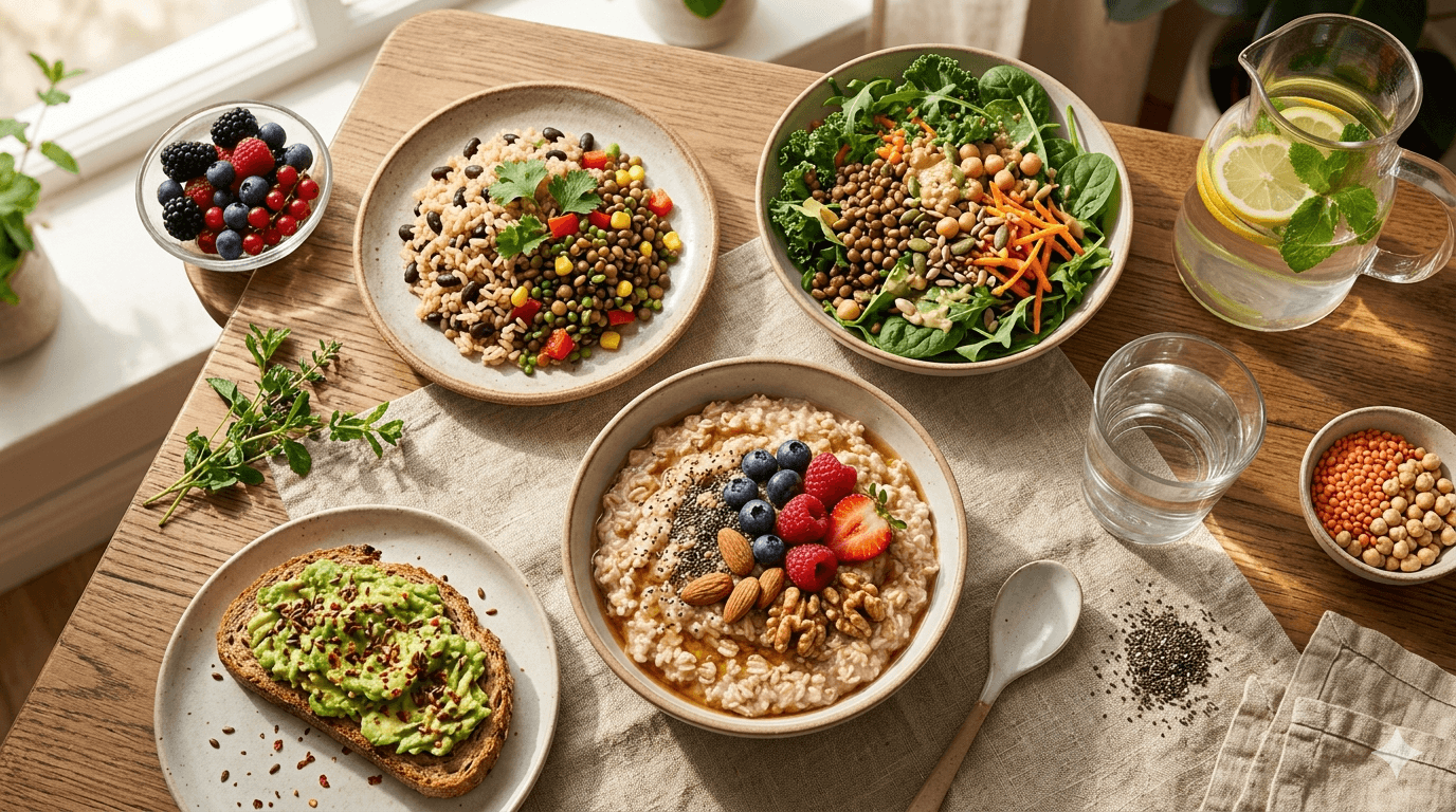 Colorful high-fiber foods like oats, berries, beans, greens, and seeds on a kitchen table
