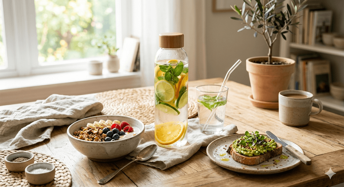 Glass bottle of water with citrus and herbs beside a bright clean breakfast table