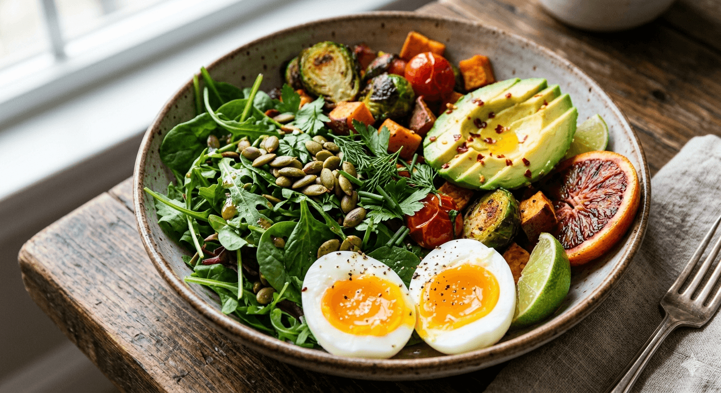Vibrant bowl of vegetables, seeds, eggs, and colorful whole foods representing micronutrient diversity