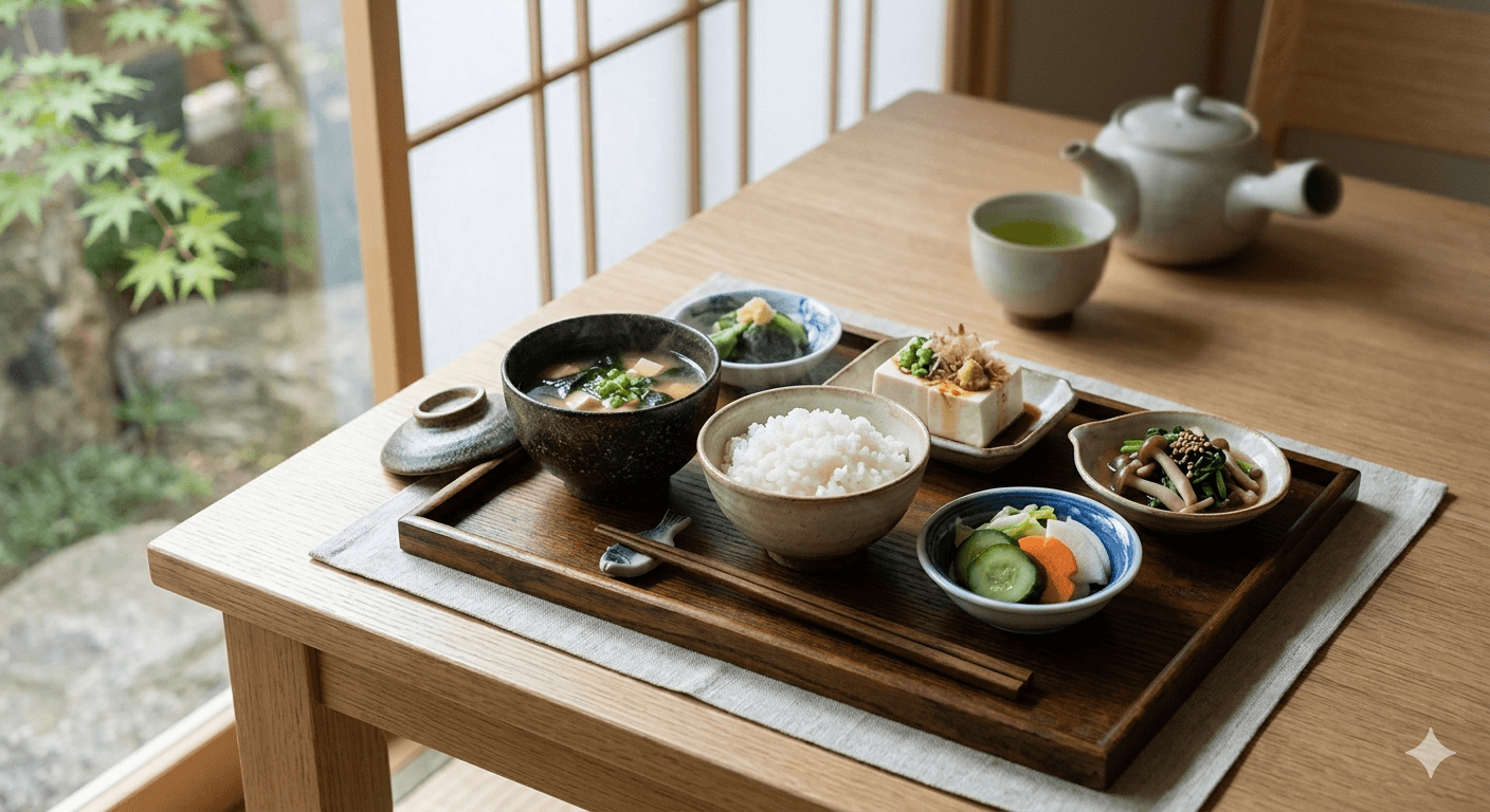 Modest Okinawan meal representing the Hara Hachi Bu practice of eating until 80 percent full