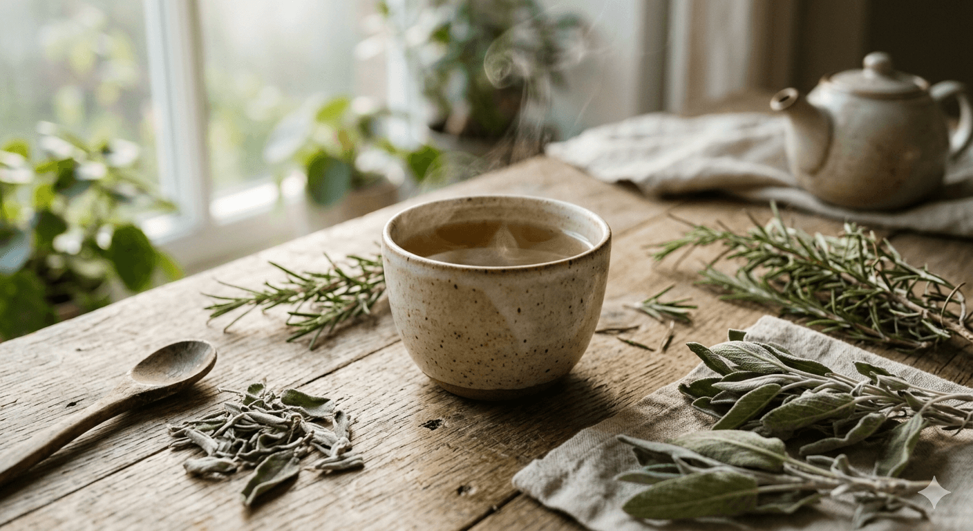 Herbal tea in a ceramic cup — a daily beverage habit shared by centenarians in Ikaria and Okinawa