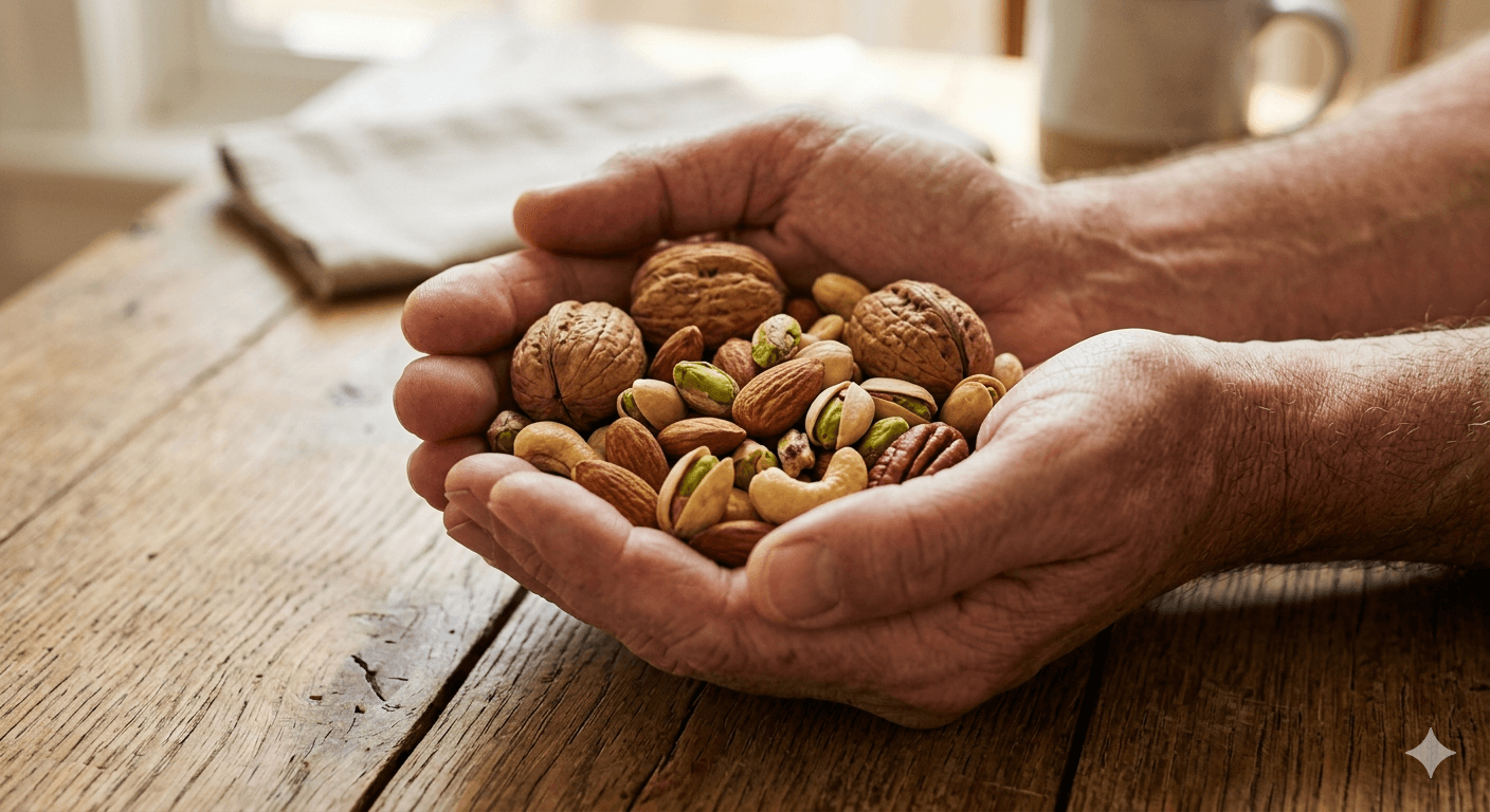 Small daily handful of mixed nuts — walnuts, almonds, pistachios — as eaten by centenarians across Blue Zones