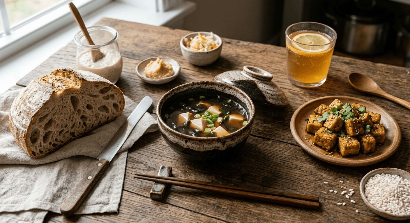 Traditional fermented foods — miso soup, sourdough bread, tempeh — eaten daily by centenarians across Blue Zones