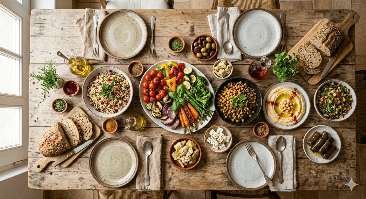 Plant-based centenarian meal spread with vegetables, legumes, and whole grains