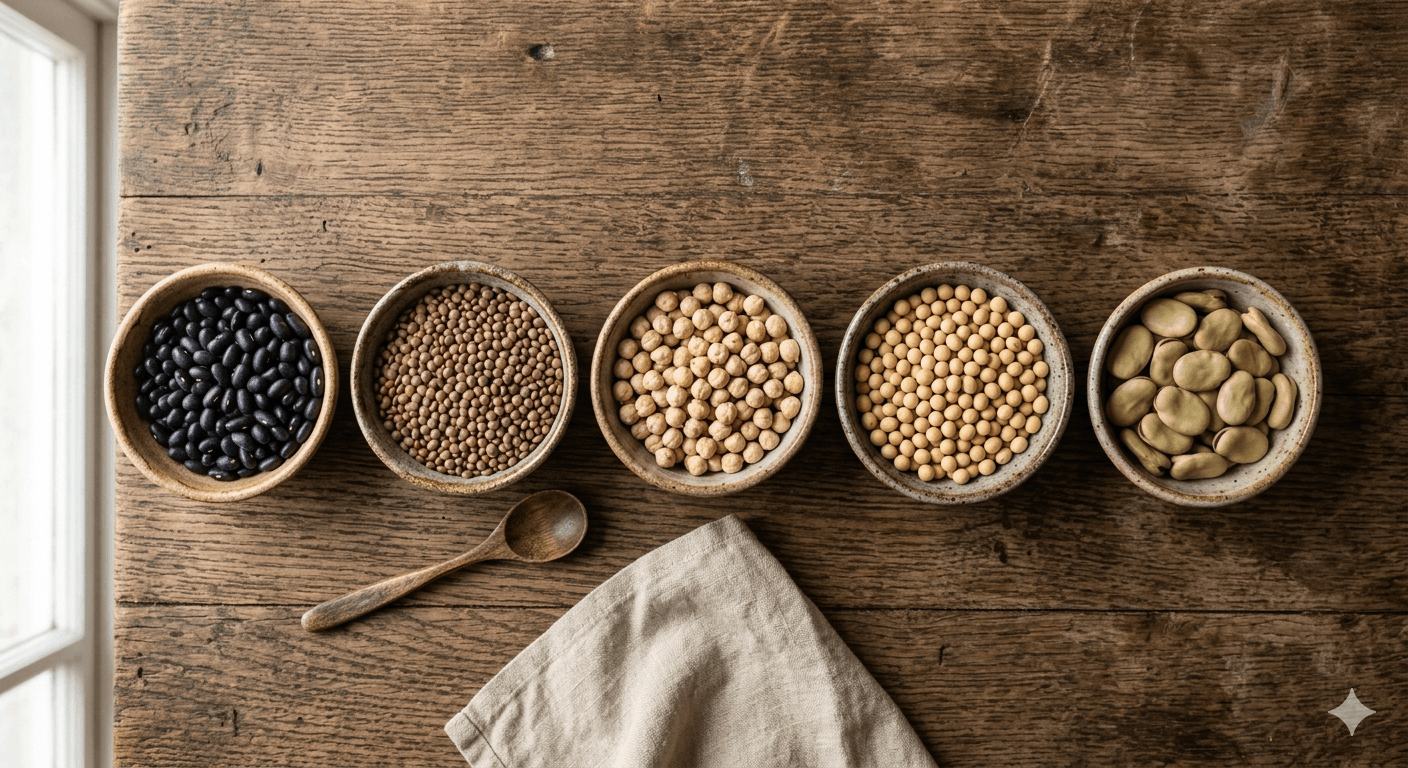 Variety of legumes — black beans, lentils, chickpeas — the cornerstone of every centenarian diet