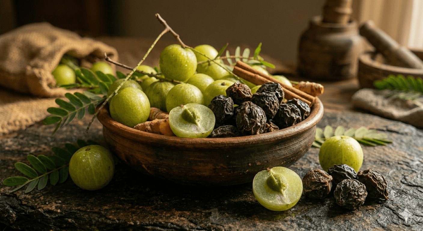 Amla berries in a traditional clay bowl — key ingredient in Triphala for gut health