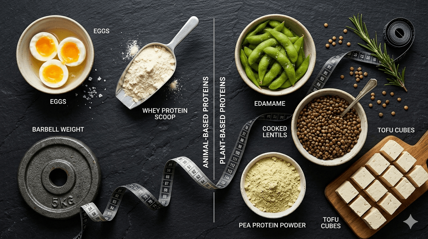 Plant protein sources rich in leucine for muscle building — edamame, lentils, tofu alongside whey protein