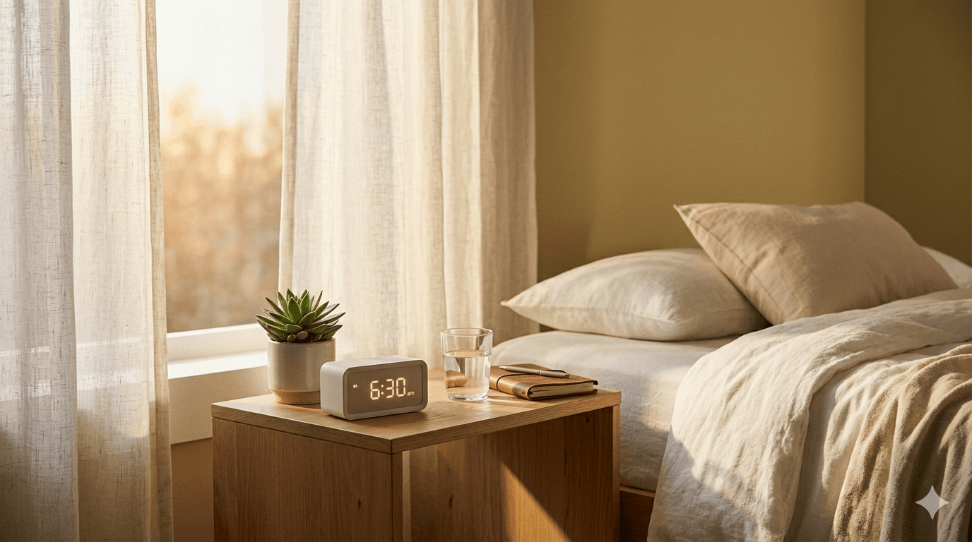 Morning sunlight through a window — anchoring wake time regulates the circadian rhythm for better deep sleep