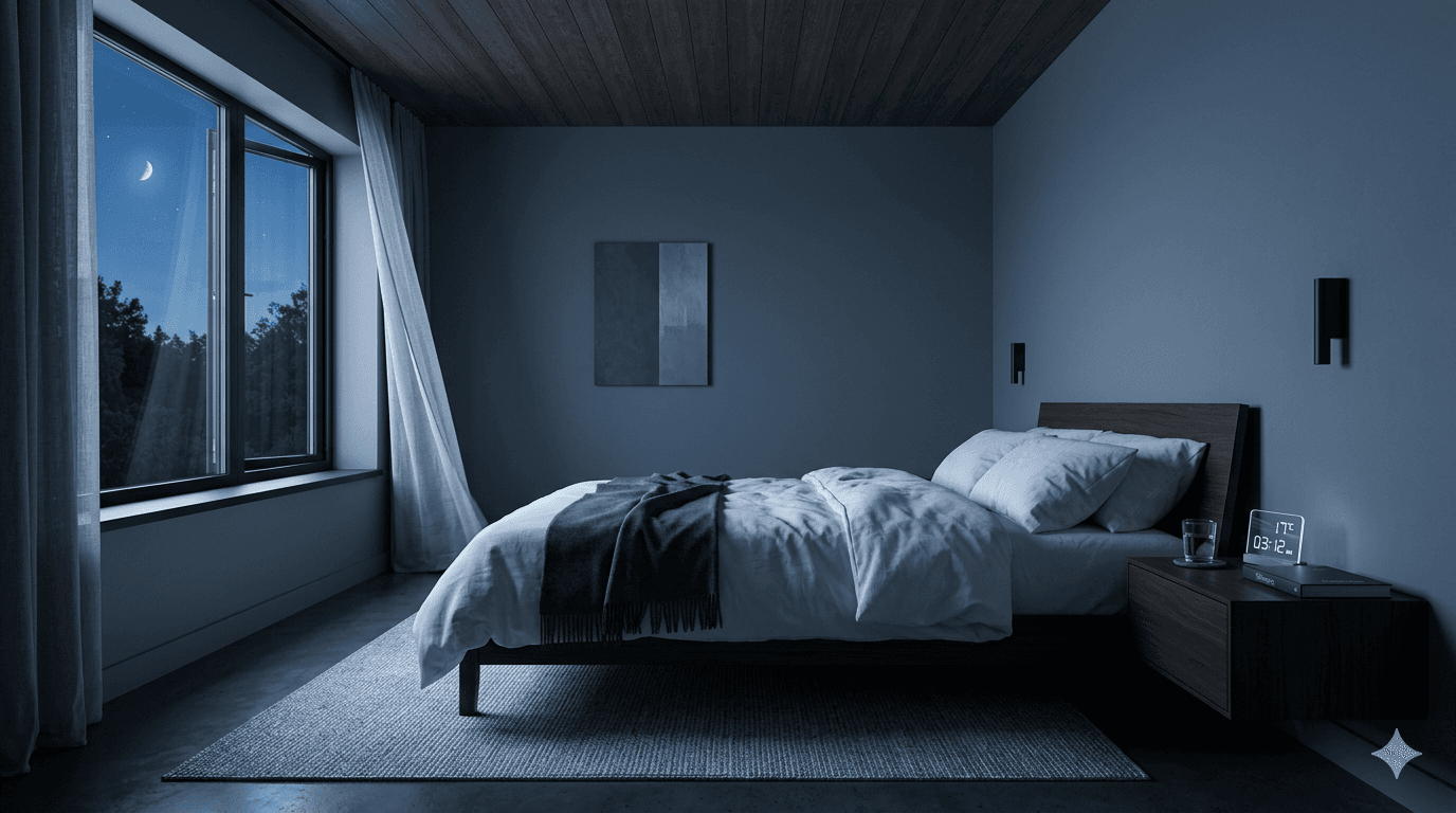 Cool, minimal bedroom with open window at night — optimal bedroom temperature dramatically improves deep sleep