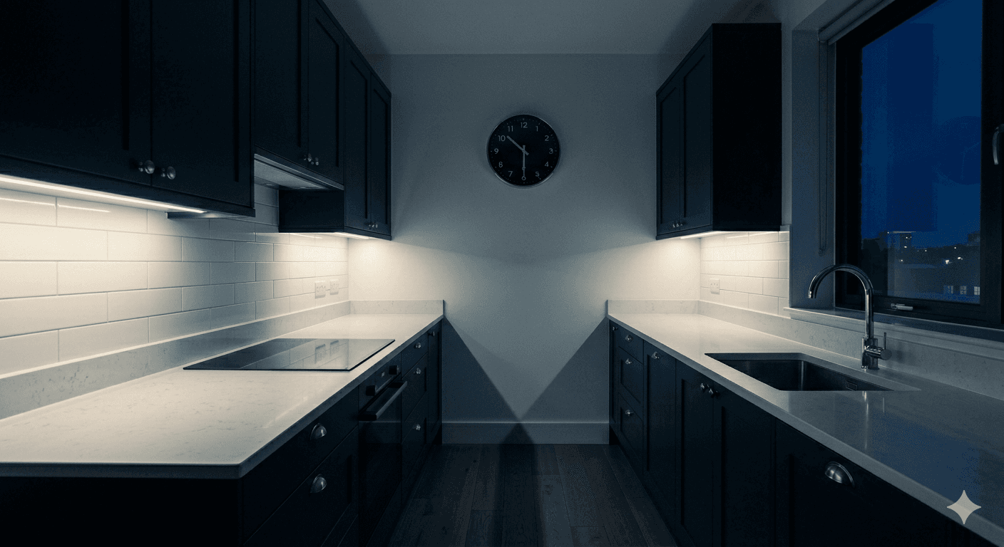 Empty kitchen at night with clock showing 10pm — stopping eating 3 hours before bed improves sleep onset and deep sleep