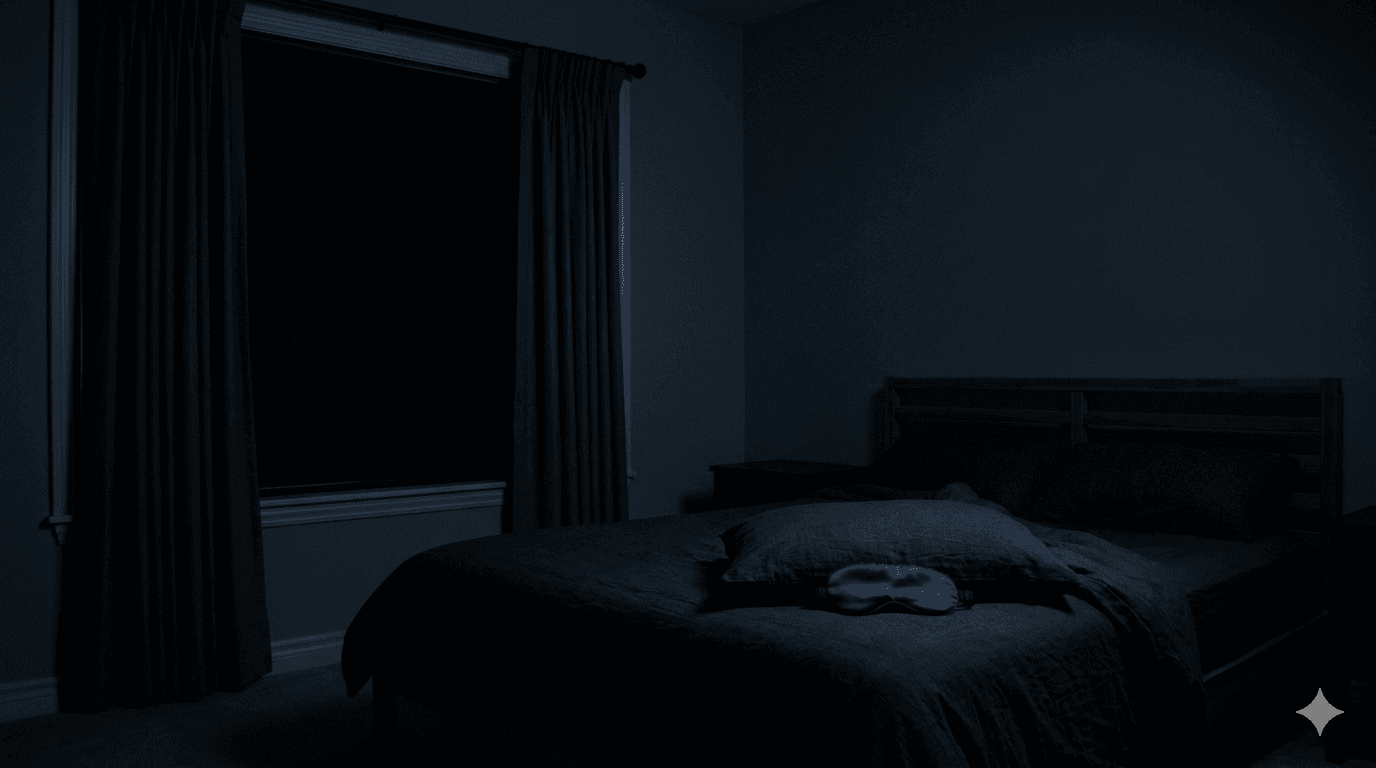 Completely dark bedroom at night — eliminating all light sources maximizes melatonin and deep sleep