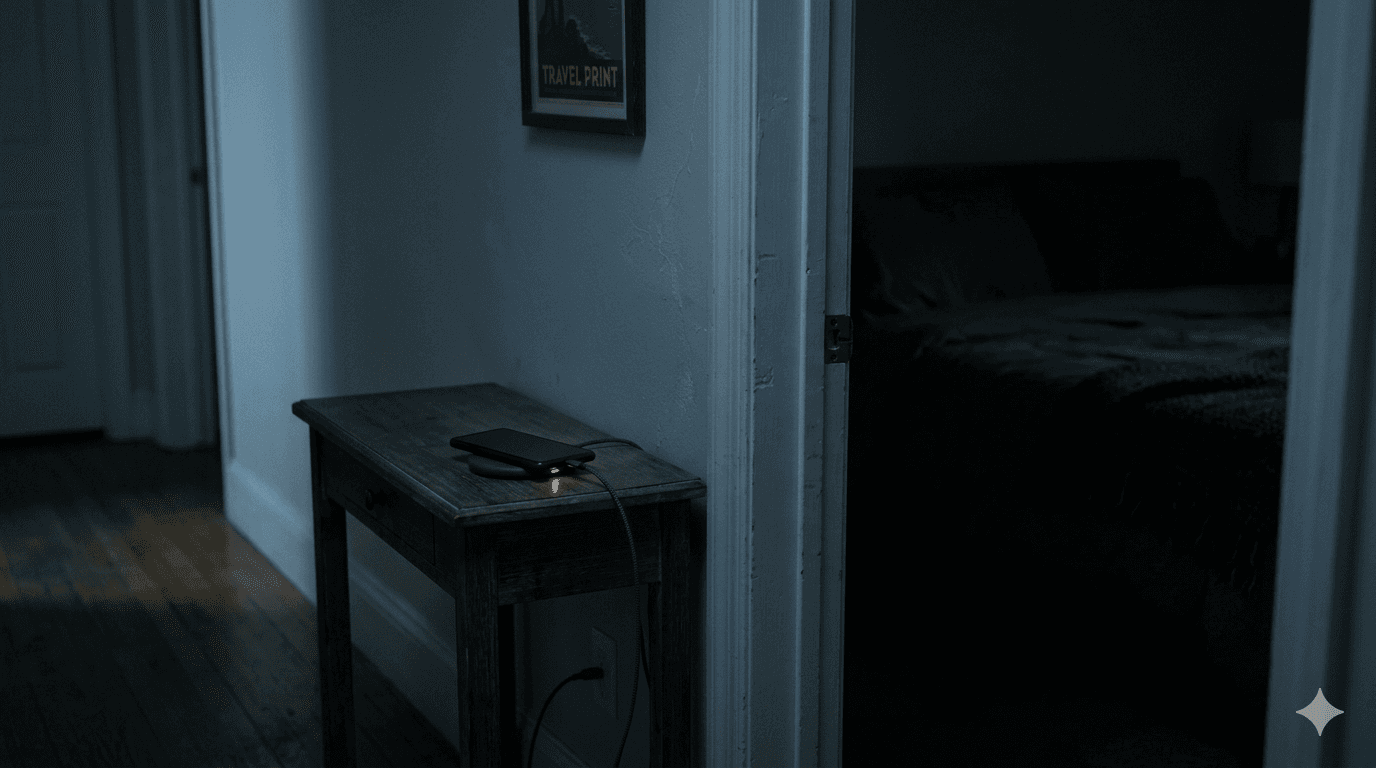 Phone charging outside the bedroom doorway — eliminating screens from the bedroom is essential for deep sleep