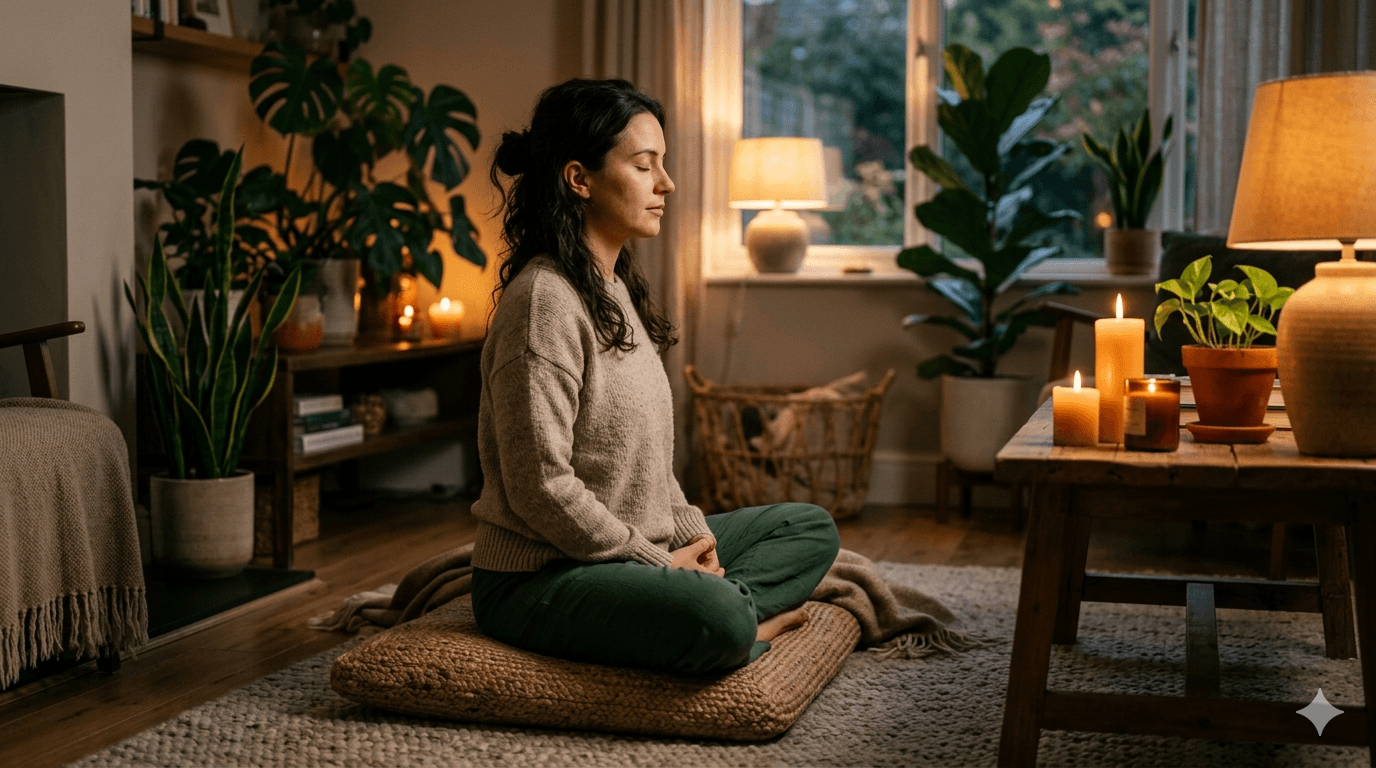 Person meditating in calm, dimly lit room before bed — stress management dramatically improves deep sleep quality